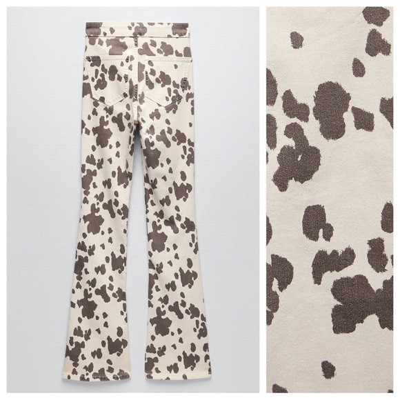 NWT Zara Cream/Brown Animal Print Flared Full Length High Waist Jeggings Size 14 - Picture 3 of 7